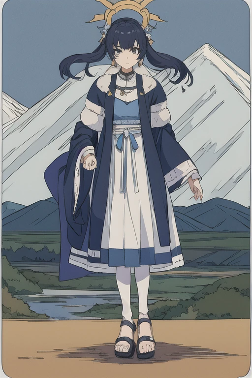 anime picture, perfect body, full body, mountain background, a female monk with Twintails Hairstyle wearing a blue dress and long white leggings, using sandals