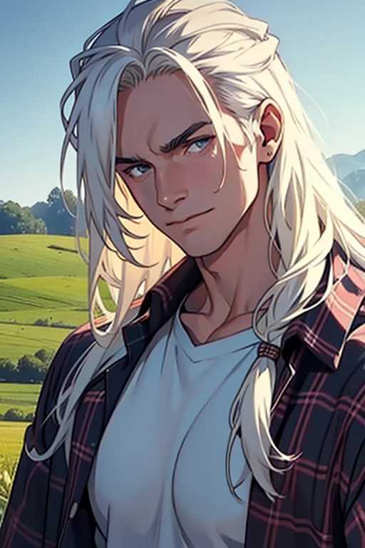 (1 man),close up shot, very long white hair, muscular, flannel shirt, farm background