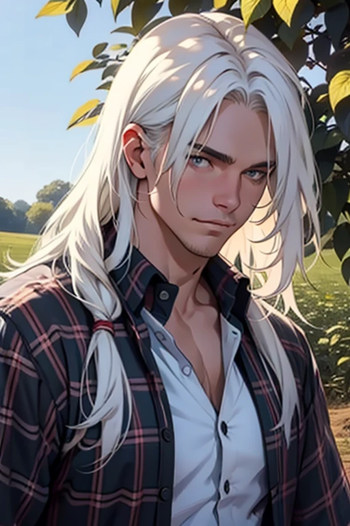 (1 man),close up shot, very long white hair, muscular, flannel shirt, farm background