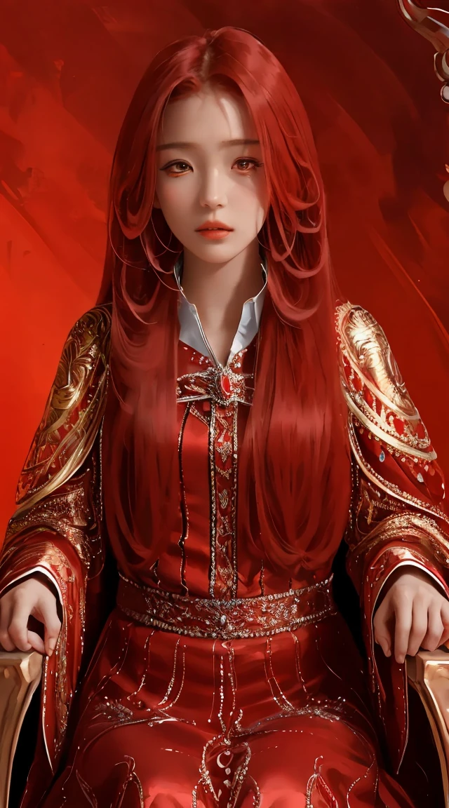 beautiful, masterpiece, best quality, extremely detailed face, perfect lighting, 1girl, solo, red hair, red eyes, detailed dress, sitting in a throne, long hair