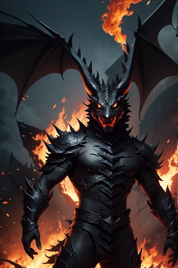 Make a black dragon looking at the camera and behind him everything is on fire and smoke 