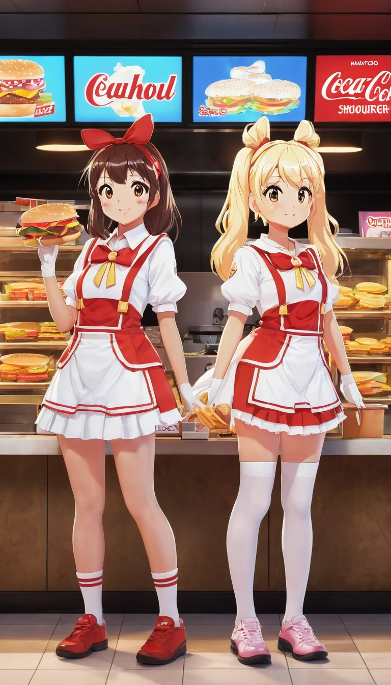 (on the left is Fast Food Worker, Cashier, Burger, Coke, French fries), (on the right is Mahou Shoujo), standing back-to-back),(Mahou Shoujo ),(Split Screen),(Magical Girl),fullbody, full body, center light, light spot, detailed, Masterpiece,Best quality,8K