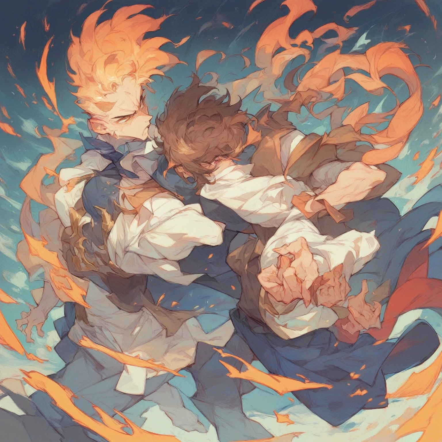 A human devil,Male ager,orange hues,flame,((Solid orange background))