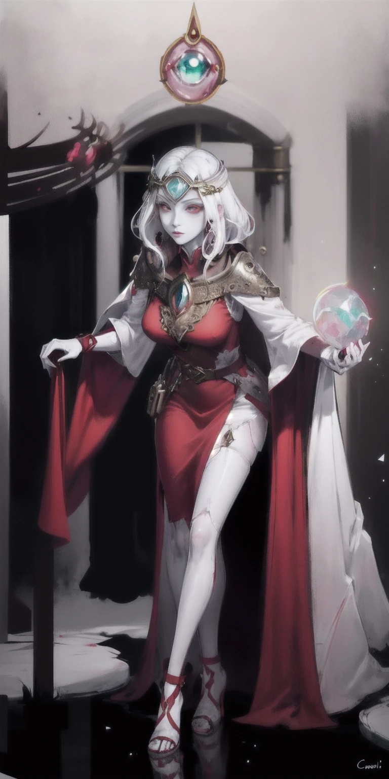 best quality, masterpiece, 1girl, perfect face, detailed eyes, perfect pale white skin ((Cassia Orsellio, colored skin, white hair, red eyes, gem, circlet, jewelry)) long red dress, red cape, red heels, red gloves gauntlets, full body toe to head