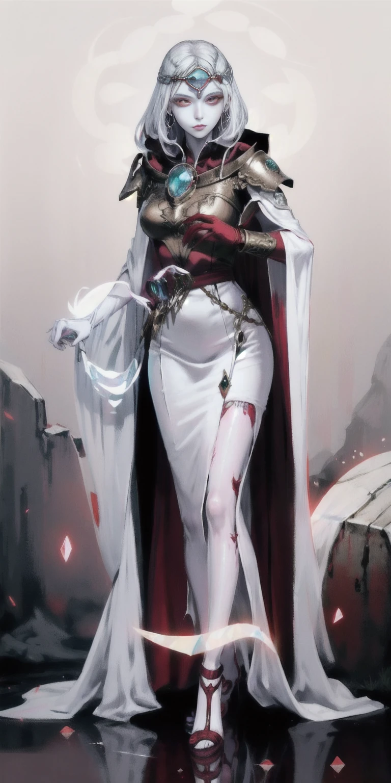 best quality, masterpiece, 1girl, perfect face, detailed eyes, perfect pale white skin ((Cassia Orsellio, colored skin, white hair, red eyes, gem, circlet, jewelry)) long red dress, red cape, red heels, red gloves gauntlets, full body toe to head