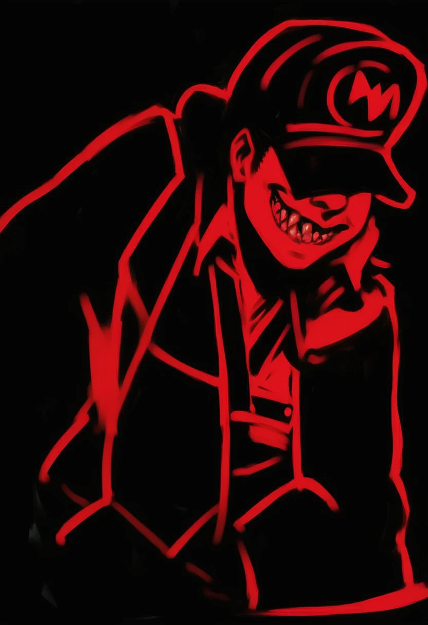 a detailed illustration of mario, blue outline, smiling with sharp teeth, wearing cap and overalls, realistic, photorealistic, HDR, 8k, highly detailed, vivid colors, cinematic lighting, masterpiece