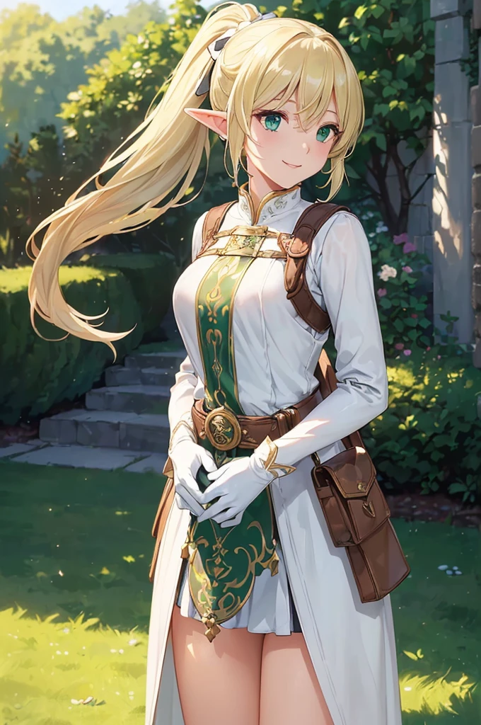 (((masterpiece; best quality: 1.2))), (finely detailed eyes: 1.3), (25 year old elf woman), (solo), (green eyes: 1.4), (body; lithe, fit, femenine: 1.3), (silky blonde hair + low ponytail: 1.3), (beautiful and clear background: 1.2), ((depth of field)), (equipment: adventurer attire + modest + long white tunic-coat + black longskirt + gloves + belt + pouches: 1.3), (anime illustration: 1.2), (background composition; royal garden: 1.1), (extremely fine and beautiful: 1.1), (shot composition; standing + centered on torso + close-up: 1.5), (expression; calm, smile: 1.2)