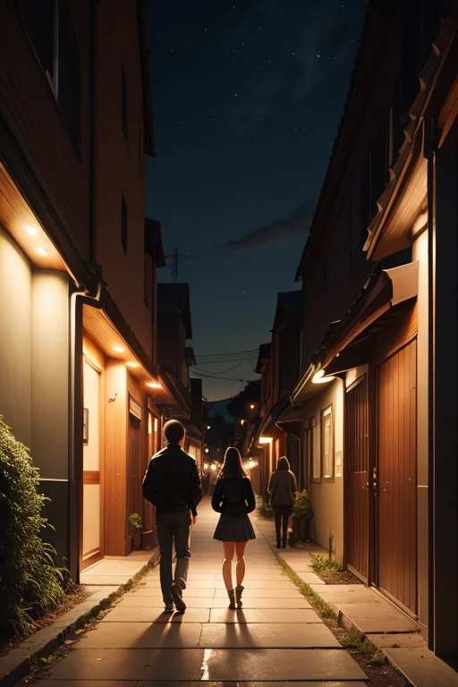 make a cover for a story titled : "The path to happiness" In a semi-dusk with boys and girls walking, others standing seen from behind
