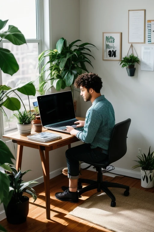 A person sitting at a desk, working on a laptop. The desk has a cup of coffee, some books, and a potted plant. The background is a cozy home office with warm lighting.w contrast, (epicPhoto)