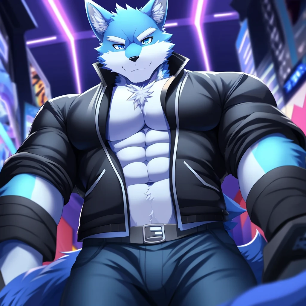 bynamic angle,depth of field, motion blur, absurdres,looking at viewer, (best quality), (masterpiece), (ultra detailed),(detailed eyes),sharp focus,manga,anthro male Blue Wolf,(muscular),Huge body chest , own pet kitty ,sky blue eyes,handsome jacket blue technology city gray pants