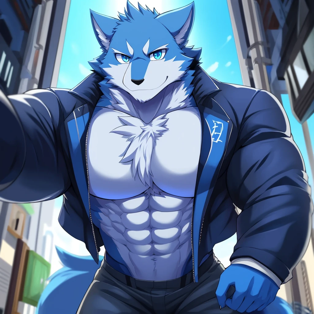 bynamic angle,depth of field, motion blur, absurdres,looking at viewer, (best quality), (masterpiece), (ultra detailed),(detailed eyes),sharp focus,manga,anthro male Blue Wolf,(muscular),Huge body chest ,sky blue eyes,handsome jacketblue technology city graypants