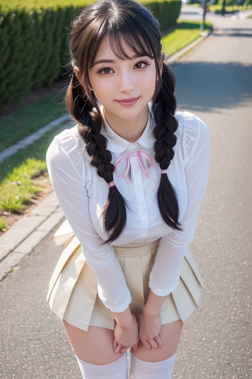 A breathtakingly beautiful and very young girl, exuding an air of innocence and charm. She is dressed in a collared shirt, adorned with checkered stripes, and a short skirt, part of a stunning  ensemble. Her bangs gracefully frame her face, while twin braids cascade down her back, adding a touch of whimsy to her overall appearance. The girl's intricate and delicate linework, as well as her fine details, are a testament to the insane amount of attention given to every aspect of her illustration. Her iridescent brown hair is vividly colored and meticulously crafted, with whimsical patterns and enchanting scenes intertwined throughout.