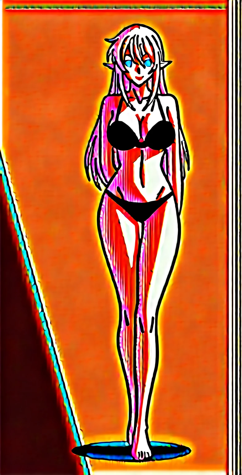 schnee raizer, long hair, 1girl, pointy ears, white hair, elf, solo, hair between eyes, blue eyes, large breasts, black bra, black lace panties, black garterbelt with stocking,smile, looking at viewer, full body, score_9, score_8_up, score_7_up, , anime coloring ,BREAK source_anime, anime