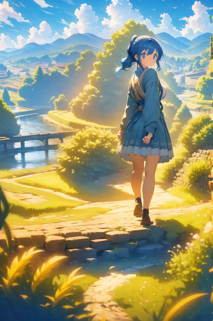 (masterpiece), (high resolution 8K), professional illustration, 1 girl, late teenage, walking, turn around, arched back, thigh focus, dutch angle, bird's eye view, hoody, mini-skirt, , blue hair, smile, looking away, japanese rural landscape, rice paddies, gravel road, night, high contrast, professional lighting, stunning face, symmetrical clear eyes, detailed eyes and face,ponytail