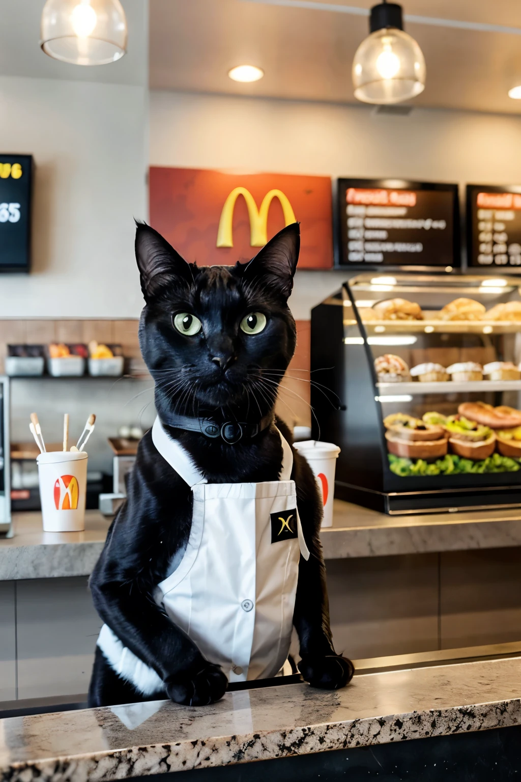 A black cat working at McDonalds, wearing a uniform, standing at the counter, taking orders, with a friendly expression, in a clean and modern McDonalds restaurant interior, 4K, photorealistic, hyper detailed, vibrant colors, studio lighting