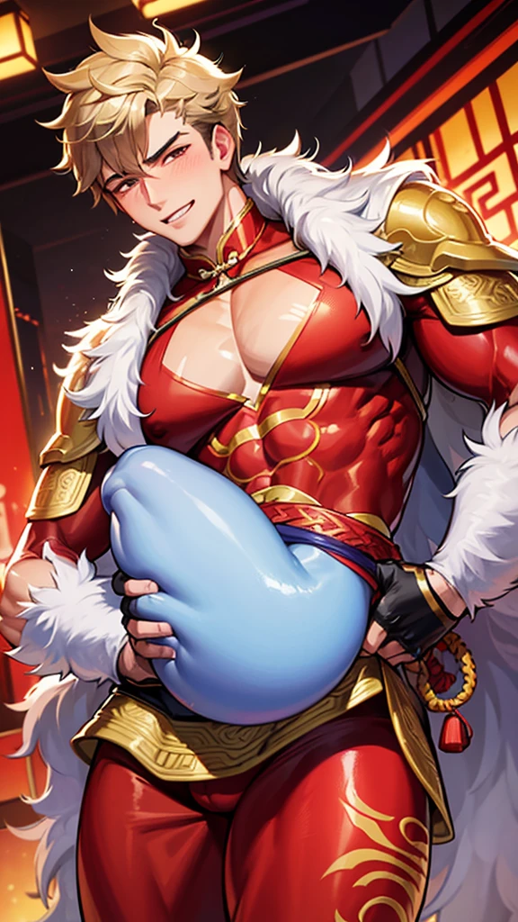 muscular man wearing tight chinese traditional dress and Chinese traditional accessories, feathered shawl on shoulders.a hole in his big chest. The muscular man hugged an old man in a suit in nightclub place and the old man holding the muscular man chest.gay relationship. Chinese architecture. smiling and blushing,juicy butt, juicy chest, plump butt, man only, gay (masterpiece) (high quality)