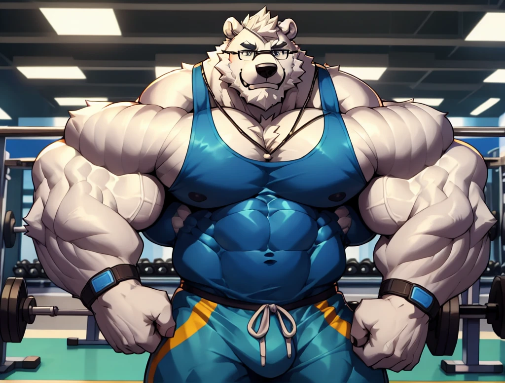 solo, 1boy, Huge Muscular White Polar Bear wearing glasses, huge white fur, pectoral, huge pectoral, wide pectoral, short white hair, blue colored short pants, blue colored wristbands and blue colored tank top, white bearded, white Mustache, white fur, black eyebrows, gym fitness center background, masterpiece, high detailed, 8k, high resolution, at the gym, flexes huge thorax, looking at the viewer, acting all hunk