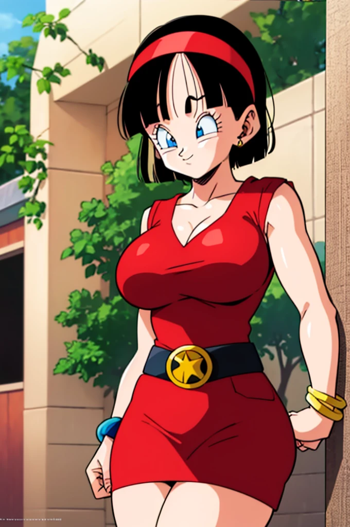 ultra detailed, masterpiece, best quality, solo, soft smile, light smile, Videl, Dragon Ball,
hairband, short hair, red hairband, bangs, sleeveless, dress, jewelry, belt, red dress, braceletblue eyes, colored eyelashes, eyelashes, black hair, , big breast, big ass, white shirt,  confused face expresion, sin imperfecciones, dibujo perfecto,