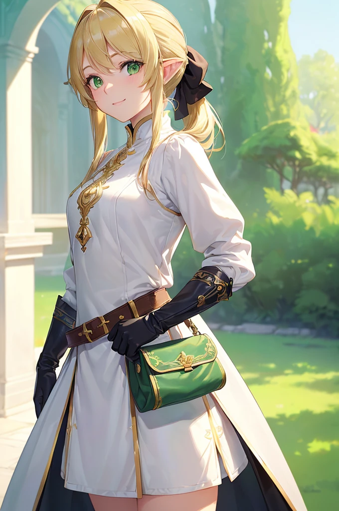 (((masterpiece; best quality: 1.2))), (finely detailed eyes: 1.3), (25 year old elf woman), (solo), (green eyes: 1.4), (body; lithe, fit, femenine: 1.3), (silky blonde hair + low ponytail: 1.3), (beautiful and clear background: 1.2), ((depth of field)), (equipment: adventurer attire + modest + long white tunic-coat + black longskirt + gloves + belt + pouches: 1.3), (anime illustration: 1.2), (background composition; royal garden: 1.1), (extremely fine and beautiful: 1.1), (shot composition; standing + centered on torso + close-up: 1.5), (expression; calm, smile: 1.2)