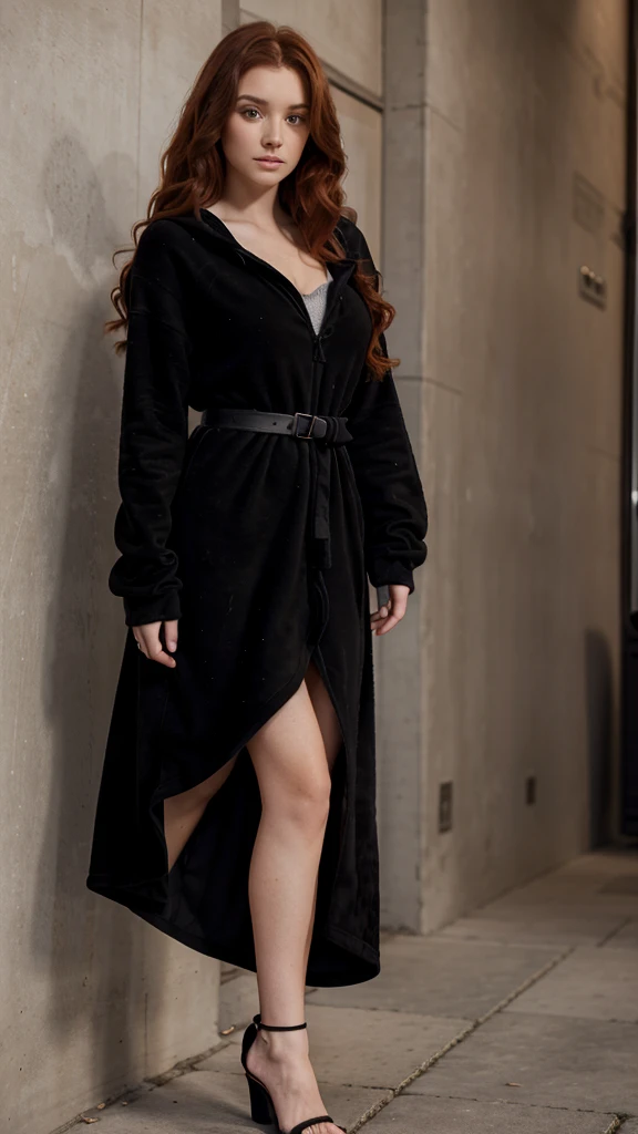 Redhead teenage short girl, standing. black loose fleece dress. black suede stilettos. [small breasts]. UHD. Detailed. High LOD. slightly wavy hair. Full Body. hair with little volume.