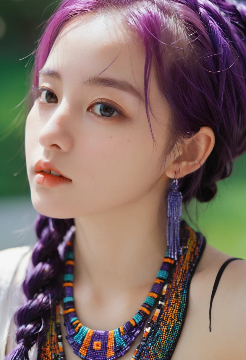 (absurd, high resolution, Extremely detailed), (1 Girl:1.3), Double tail, Purple Hair, rest , Glitch Art, Digital Distortion, Pixelate fragments, Data corruption, Colored Noise, Visual confusion, contemporary aesthetics rest , Enamel Art, Glassy surface, Vibrant colors, Bright finish, Reflective texture, Rich in pigment, fluid forms rest , Ethnic style, Traditional Clothing, Vibrant Patterns, Handmade Textiles, Cultural Themes, Beaded Jewelry, Handmade accessories