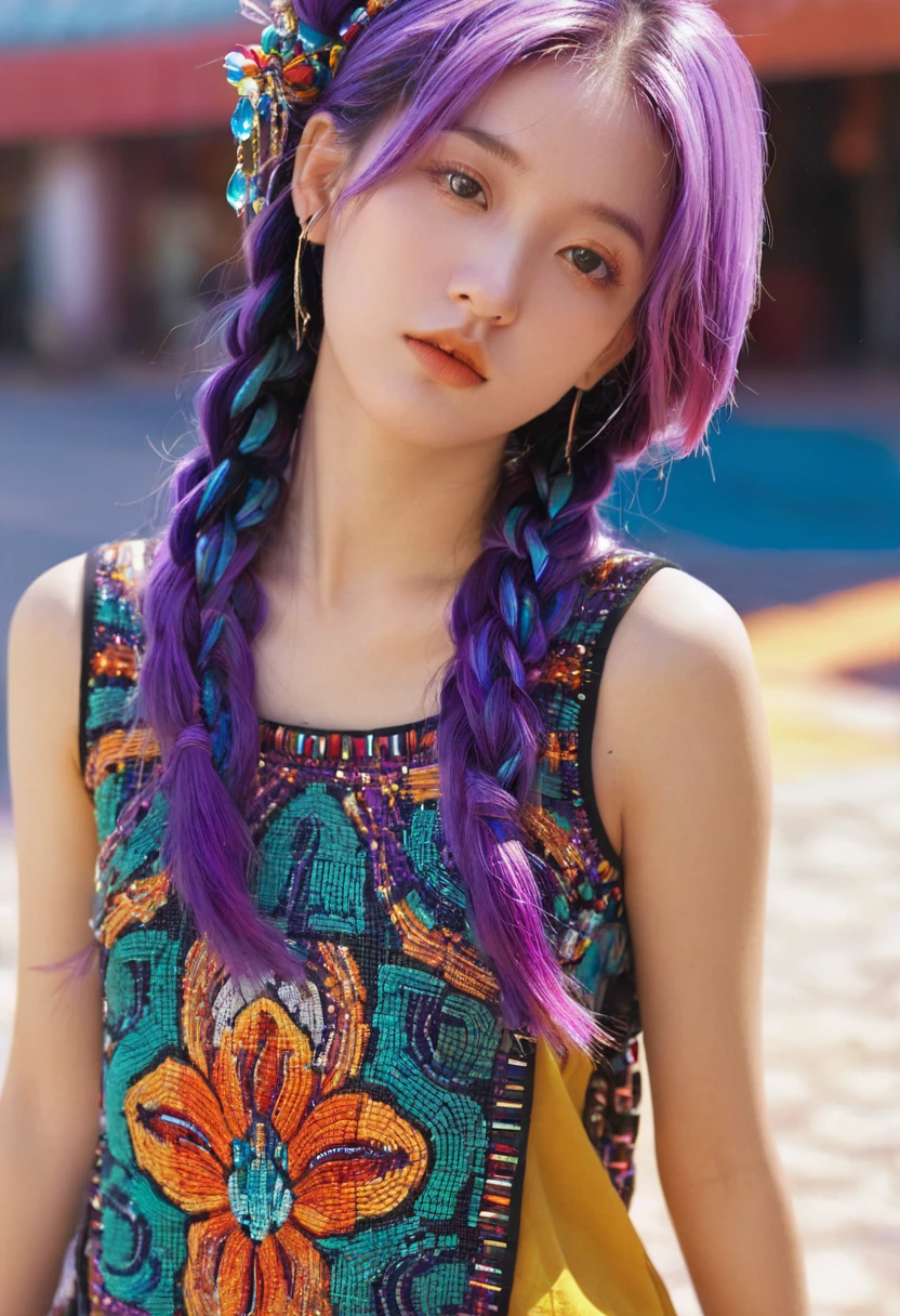 (absurd, high resolution, Extremely detailed), (1 Girl:1.3), Double tail, Purple Hair, rest , Glitch Art, Digital Distortion, Pixelate fragments, Data corruption, Colored Noise, Visual confusion, contemporary aesthetics rest , Enamel Art, Glassy surface, Vibrant colors, Bright finish, Reflective texture, Rich in pigment, fluid forms rest , Ethnic style, Traditional Clothing, Vibrant Patterns, Handmade Textiles, Cultural Themes, Beaded Jewelry, Handmade accessories