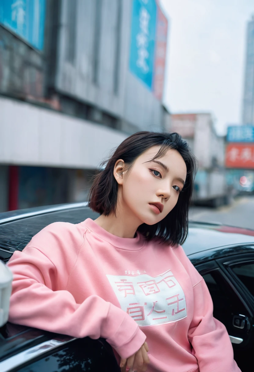 High angle shot of a beautiful young woman in cyberpunk style, Realistic skin texture, Look up;Inquire,Pink sweatshirt,Pose in the car, 1 / 2 Body cutting, 8 5mm art lens, 1. 2, Clear focus, 8K HD, Extremely detailed, complex, elegant, Liu Zhiwei and the Art of Cyberpunk