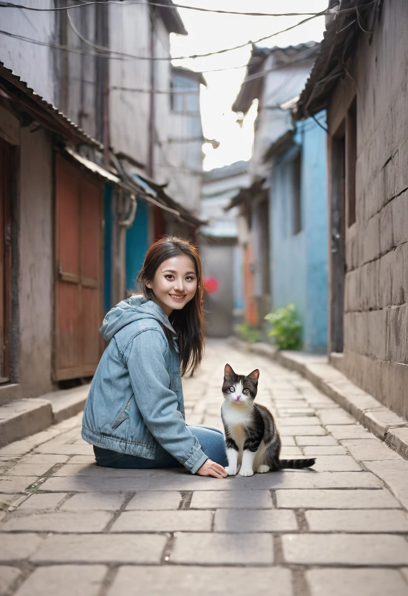 best quality, high resolution, Unique image, (many (detailed) small cats) With a girl:1.3), Focus on cats, small (detailed) Cat next to girl,The background is the back alley, detailed阳光, sit, Girl looking at the audience, Front view, (Cat looking at the viewer:1.2), sit on the floor grasping knees, (Happy:1.3) , (kitten)