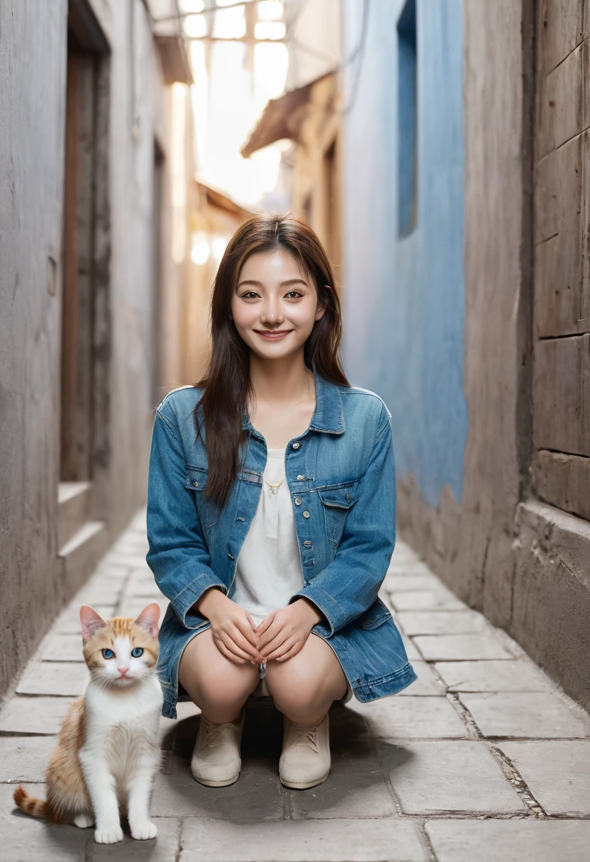 best quality, high resolution, Unique image, (many (detailed) small cats) With a girl:1.3), Focus on cats, small (detailed) Cat next to girl,The background is the back alley, detailed阳光, sit, Girl looking at the audience, Front view, (Cat looking at the viewer:1.2), sit on the floor grasping knees, (Happy:1.3) , (kitten)