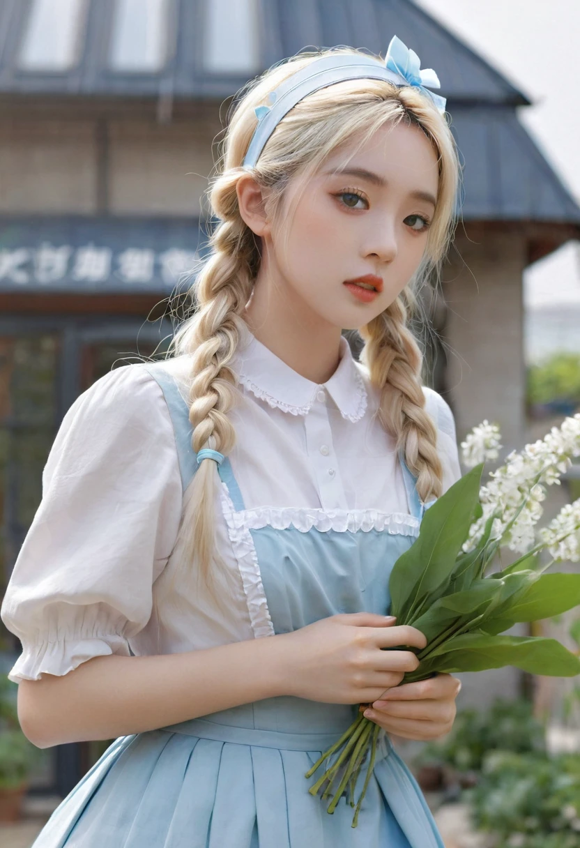 ((Flower Type)), (), (1 Girl), (((Solitary))), (Practical:1.5), Light Particles, Light, Victorian Era, (Best Illustration Award), photoPractical, Octane Rendering, 8K, Neon, Flying Cars, Delicate face, Delicate eyes, ((maid)), maid headband, Long braids, Very long hair, Blonde hair, blue eyes, (Sharp eyeliner, Eyeshadow, Delicate eyes:1.1), (ulzzang-6500), Model pose, (permanent), (outdoor), Noon time, Public area, indoors, (Green house in the background), Breaking down the G36