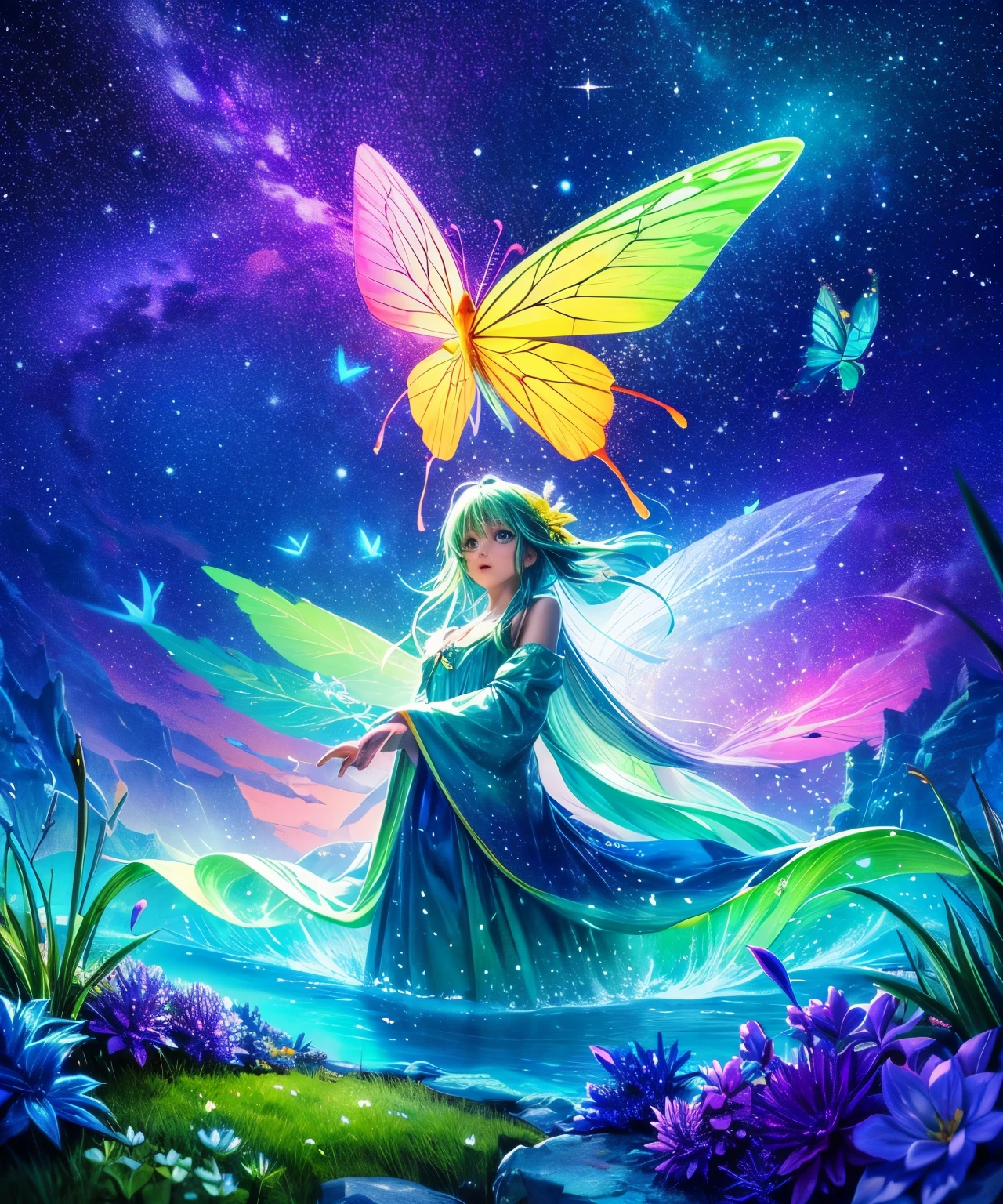 Cute Girl Characters、Green Grass々Drawing a butterfly flying over the water, Look up at the starry sky. Surrounded by colorful nebulae and colorful forests.