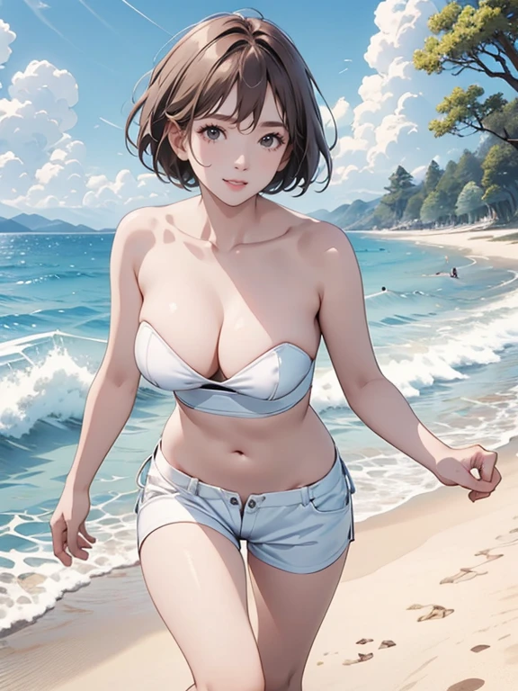 (Highest quality、masterpiece、High resolution、8K)、Vibrant colors、Young and beautiful woman 1、whole body、Brown and black short bob、barefoot、(Detailed face、Beautiful Eyes、Beautiful nose、Pretty lips)、Ample breasts、Beautiful cleavage、White T-shirt and shorts、Running on the beach、A refreshing smile、looking at the camera、Official Art、The background is the sea、blue sky、White waves and wide sandy beach、Wide forest、White Entrance Cloud、(Depth of written boundary:1.5)、Professional Lighting、