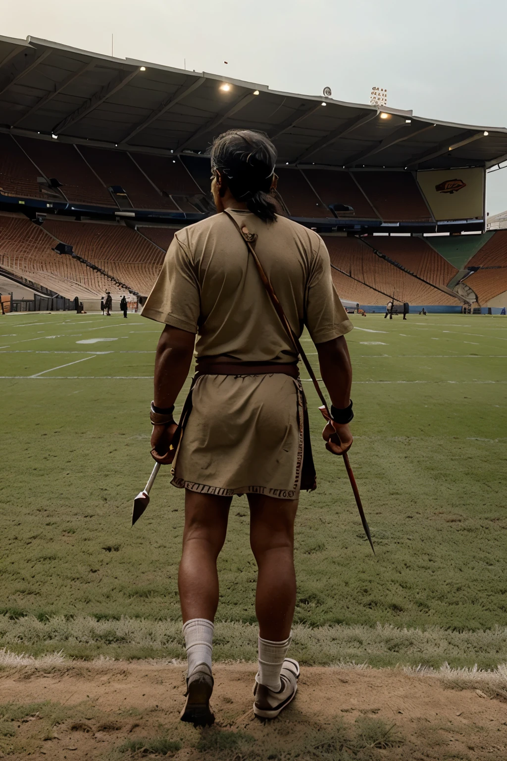 An image of a lonely old Guarani Indian, walking forward in a football stadium. He is on his back and without a shirt, holding an arrow in his hand, Ready for the battle. the picture, captured in HDR, highlights every detail with stunning clarity. His back is full of scars, showing the hardness of the years and past struggles.
The atmosphere is epic, with background colors in yellow and black tones, creating a dramatic and powerful contrast. the picture es realista y nítida, highlighting the texture of your skin, the wrinkles on his face and the determination in his posture. The stadium, although empty, seems to vibrate with almost tangible anticipation, amplifying the atmosphere of challenge and preparation for battle.