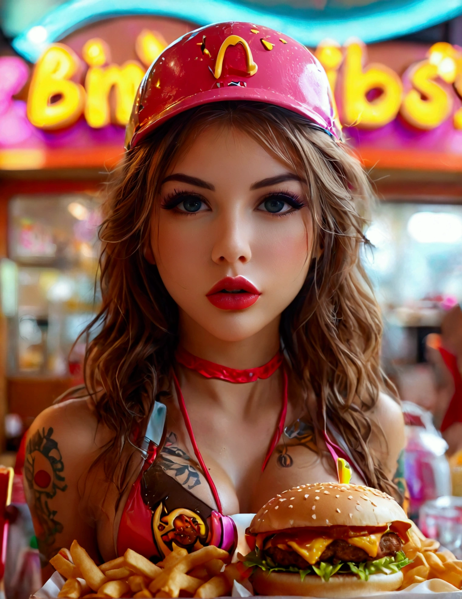 a cute woman working at a fast food restaurant called 'Bimbos', all the food items have a boob theme, the restaurant staff are wearing bikinis and high heels, 1girl, beautiful detailed eyes, beautiful detailed lips, extremely detailed face, long eyelashes, photorealistic, 4k, high quality, ultra-detailed, hyper realistic, vibrant colors, warm lighting, detailed textures, boob-themed food, bikini and high heels uniform, restaurant setting, detailed interior design
