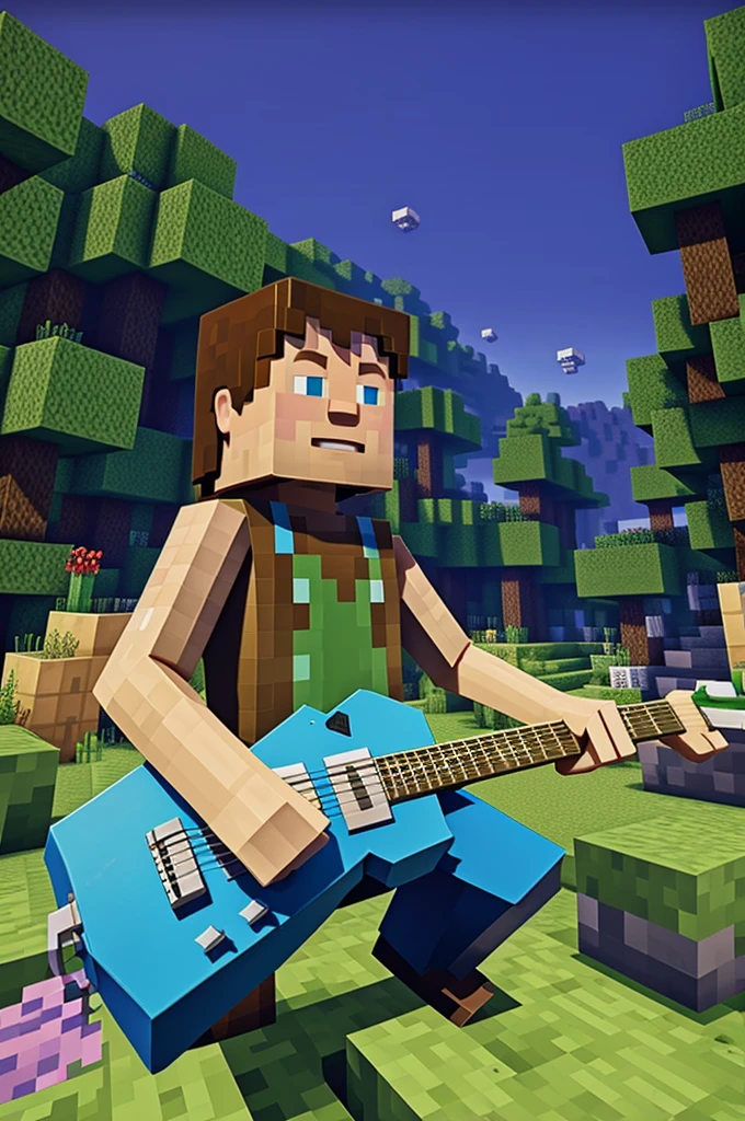 Minecraft video game’s Skelton playing electric guitar in flat world