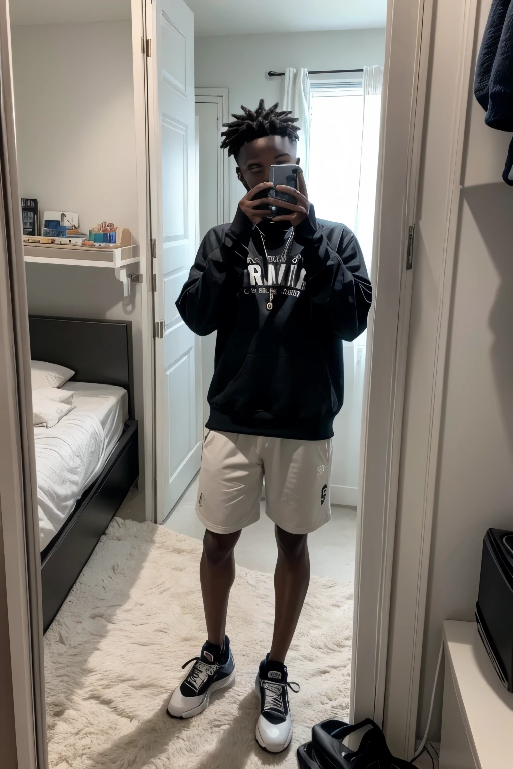 make a black boy around 23 years old with iPhone 13 mini in his right hand taking a photo in the mirror of his tidy room, please leave it in a quality equivalent to the iPhone 13 mini camera