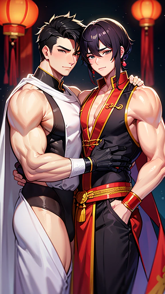 muscular man wearing tight chinese traditional dress and Chinese traditional accessories, feathered shawl on shoulders.a hole in his big chest. The muscular man hugged an old man in a suit in nightclub place and the old man holding the muscular man chest.gay relationship. Chinese architecture. smiling and blushing,juicy butt, juicy chest, plump butt, man only, gay (masterpiece) (high quality)