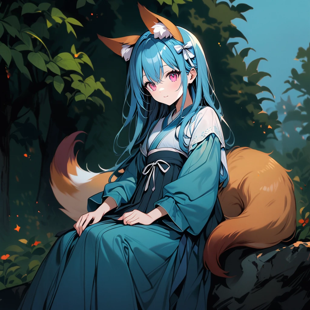 (good job:1 woman, fox ears, fox tail, 하늘색 fox ears, 하늘색 fox tail,hair down to the middle of the back, light blue hair, He wears a white ribbon in his hair., pink eyes, Sky blue hanbok, sitting on a rock in the forest