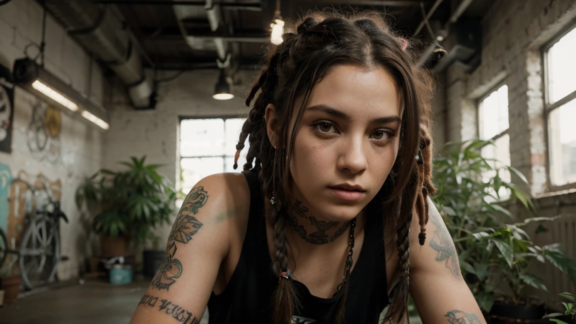 stylized artwork of soft filter. grunge filter. photorealistic. 8k. cinematic, very high resolution. maximum resolution. ultra realistic. unique beautiful face, realistic face, retro grunge photo ascetic. grunge city graffiti , sexy tattooed black-dreadlocks teen cute girl, in marijuana plants buds crop, red gym outfit