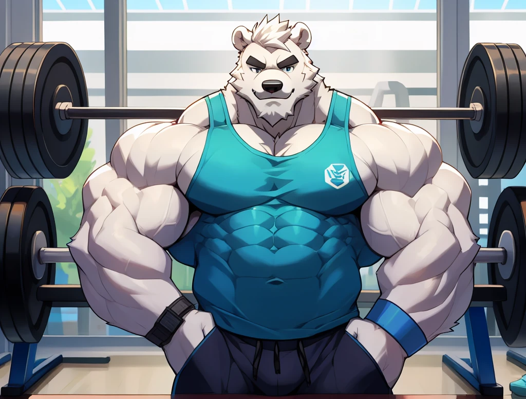 solo, 1boy, Huge Muscular White Polar Bear wearing glasses, huge white fur, pectoral, huge pectoral, wide pectoral, short white hair, blue colored short pants, blue colored wristbands and blue colored tank top, white bearded, white Mustache, white fur, black eyebrows, gym fitness center background, masterpiece, high detailed, 8k, high resolution, at the gym, flexes huge thorax, looking at the viewer, acting all hunk