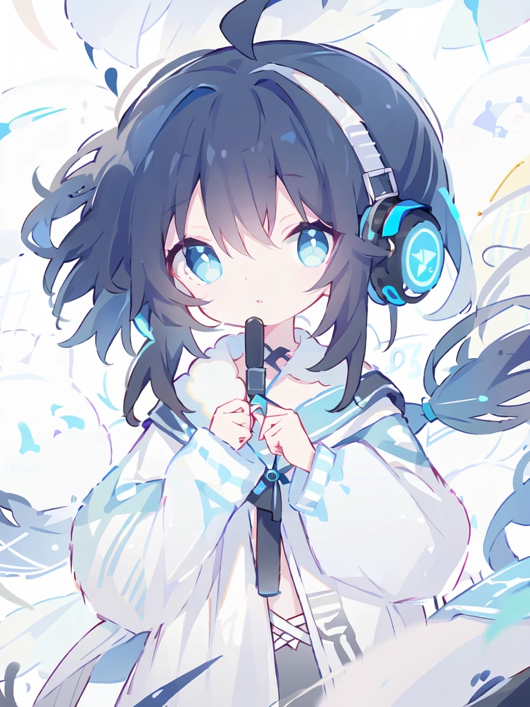 Ponytail、Black Hair、Light blue eyes、Long droopy eyes, wearing headphones、Landmine-type clothing、