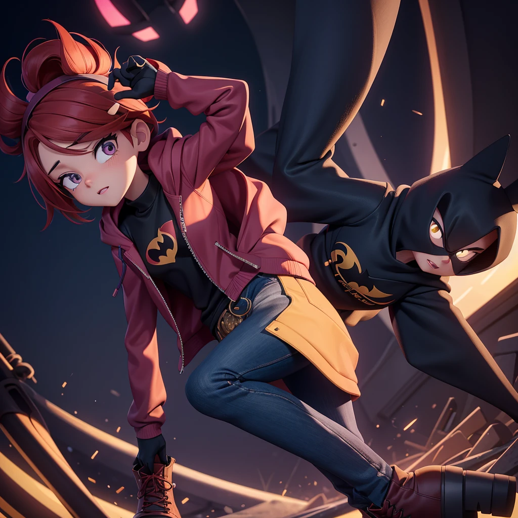 I want you to make an illustration in Disney 2D animation style. The character is a young ager of approximately 18 years old. She has red hair that reaches below her shoulders and is wearing an open purple jacket with a hood on her head and underneath the jacket she is wearing a black t-shirt with the Batman symbol. She is wearing dark jeans and, on her feet, she is wearing yellow combat boots.