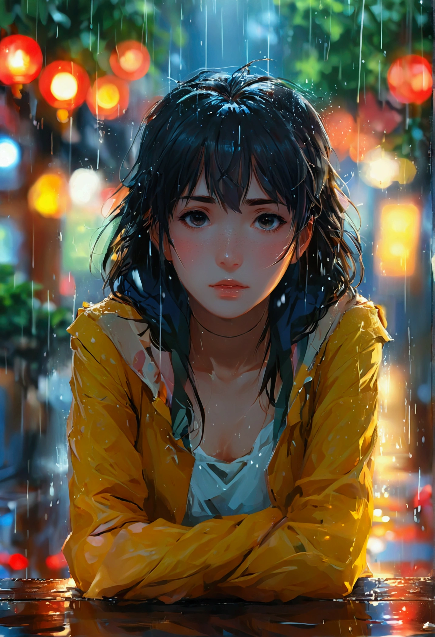 Anime girl sitting at a table in the rain, reflection. by Makoto Shinkai, dark. by Makoto Shinkai, Lo-fi Girl, Gweiz-style artwork, Portrait of Rofi, Digital Art Ilya Kuvshinov, Anime Art 1344X768,4K, アニメアート 4K, ( ( makoto shinkai ) )