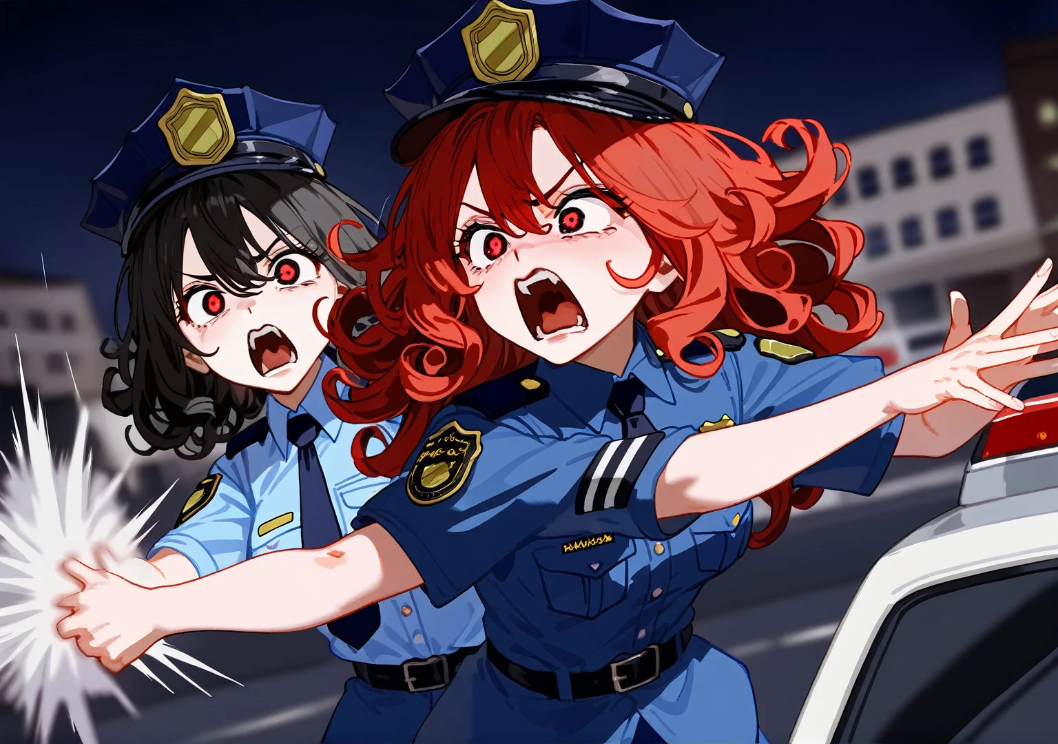 masterpiece, best quality, score_9,1older woman,dark red hair,black streaks,red eyes,curly hair,black pupils,police outfit,yelling at other officers,police cars,night,blur,chaos,