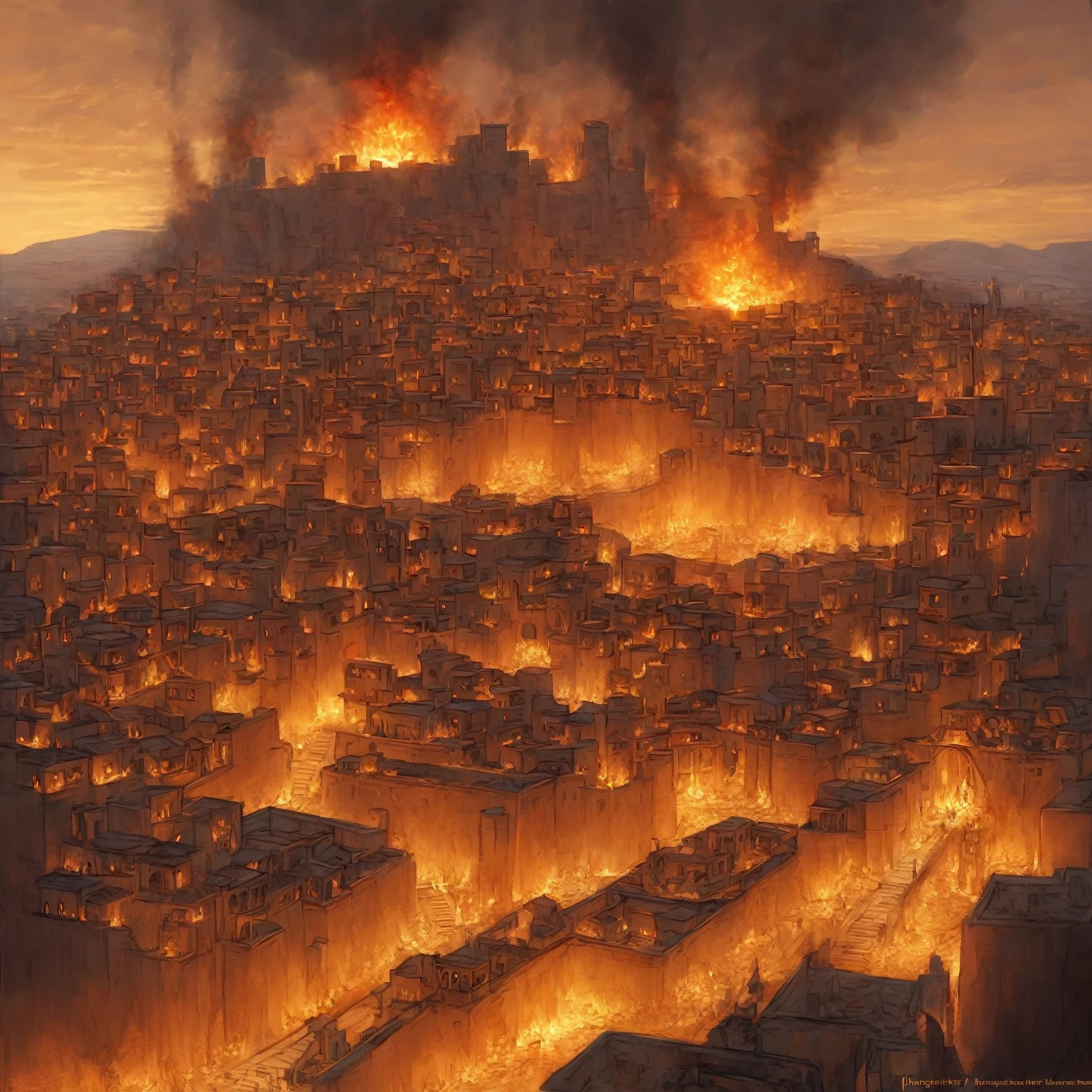 imaging shushtar city in khuzestan in iran in end day when burning in fire with all sinners