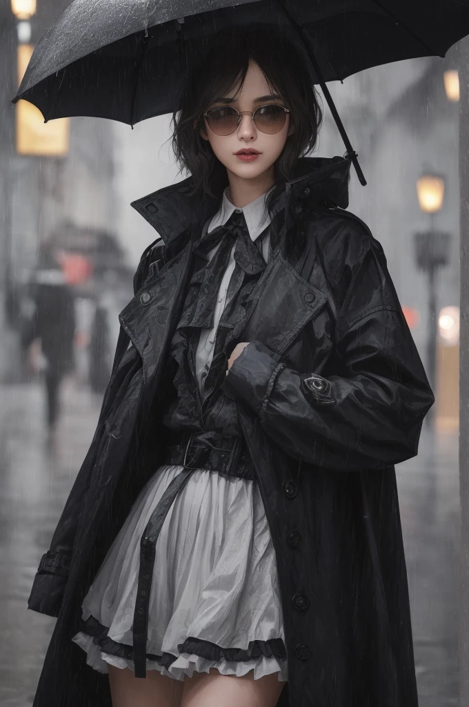 Masterpiece, top quality, illustration, {beautiful detail girl}, beautiful glow in detail, crossdressing beauty, (black jacket and trench coat), sunglasses, laughter, fangs removed, vampire, indigo eyes, rainy street corner, rain, detailed lighting, detailed water, (beautiful detailed eyes: 1.1), expressionless palace, (short hair), long bangs, hair between the eyes, top half,