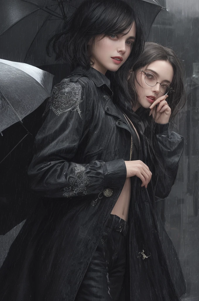Masterpiece, top quality, illustration, {beautiful detail girl}, beautiful glow in detail, crossdressing beauty, (black jacket and trench coat), sunglasses, laughter, fangs removed, vampire, indigo eyes, rainy street corner, rain, detailed lighting, detailed water, (beautiful detailed eyes: 1.1), expressionless palace, (short hair), long bangs, hair between the eyes, top half,