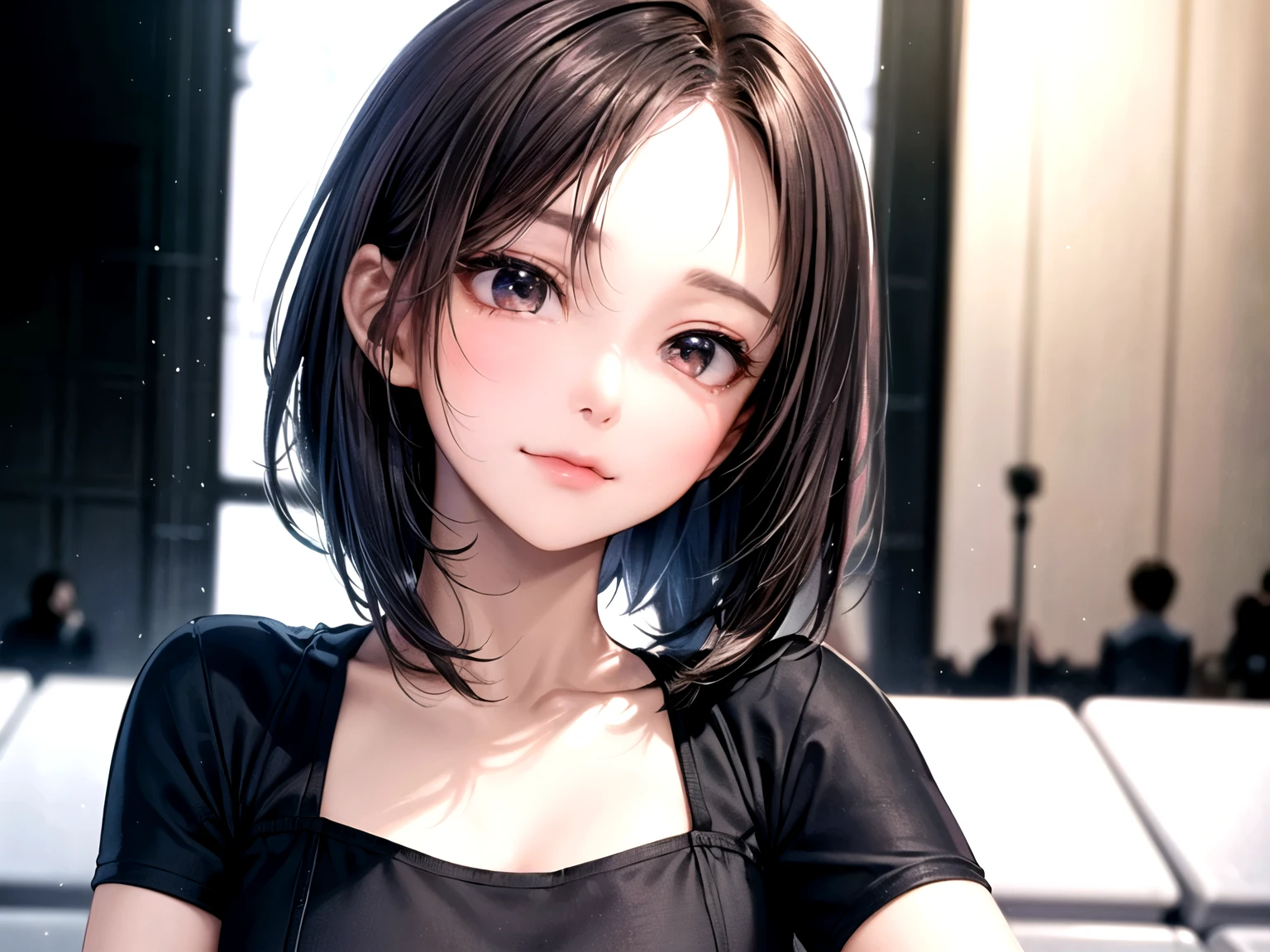 ((Best of the highest quality, 8k, Masterpiece, raw photo: 1.1)), (Sharp focus: 1.1), (1 AESPA, slim body type female, 22 y/o: 1.1), solo, Portrait Waist Up, (realistic, photo-realistic:1.37), face focus, finely small eyes, (forehead, short bob hair: 1.32), (sharp chin, droopy eyes: 1.32), sad eyes, (Emphasize prominent aegyo-sal with bright: 1.28), shimmering eyeshadow applied under the lower lash line, paired with thick, (small breasts, flat chest: 1.2), T-shirt, walking on stage, flower,