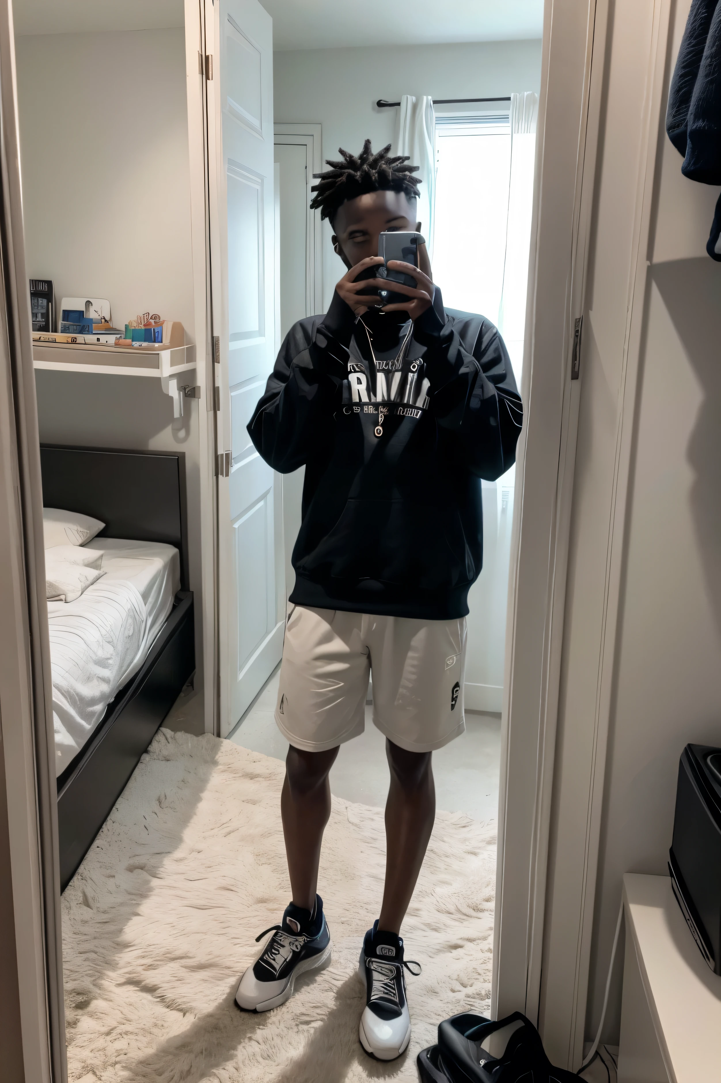 make a black boy around 23 years old with iPhone 13 mini in his right hand taking a photo in the mirror of his tidy room, please leave it in a quality equivalent to the iPhone 13 mini camera