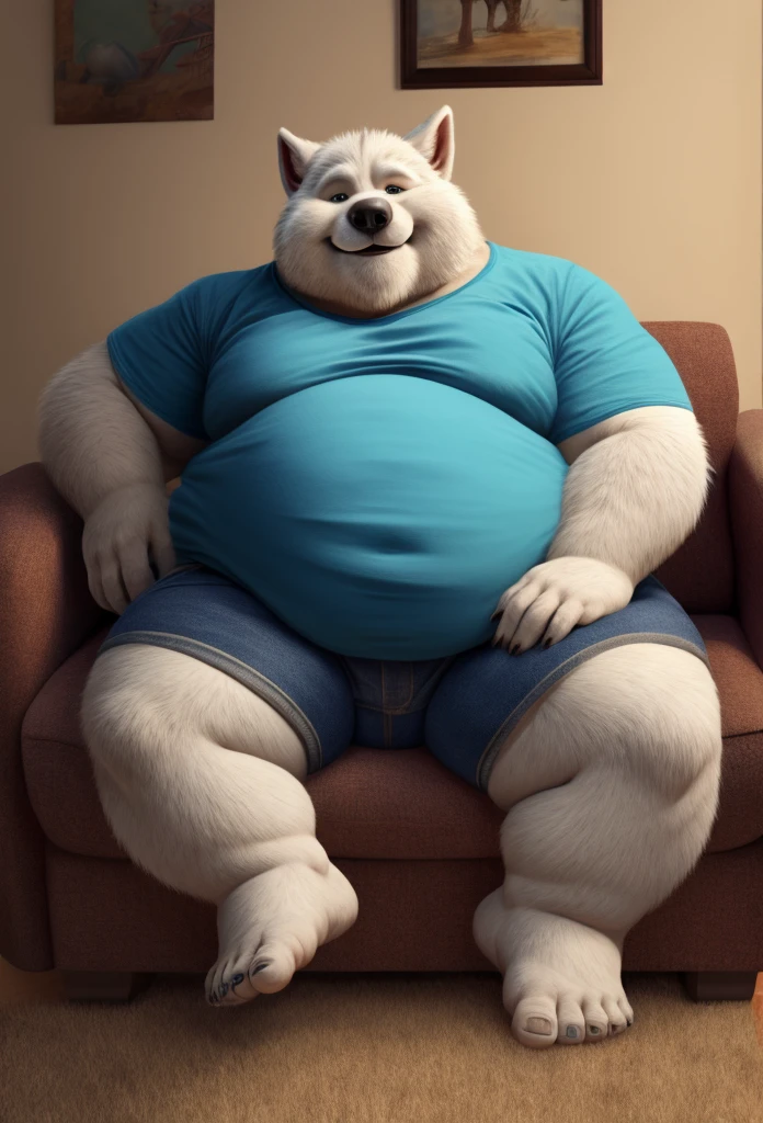 Huge belly,1bear,furry,muscle,background living room,sit,big pecs,blue pants,shirtless,big round belly,big bulge,vore